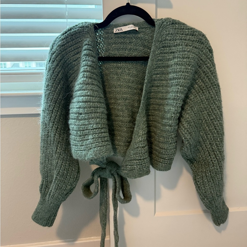 Zara Sage Green Tie-Front Wrap Cardigan Sweater